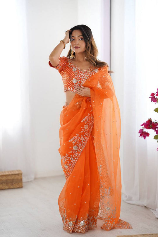 Tanya Orange Organza Silk Floral Embroidered Ready to Wear Saree
