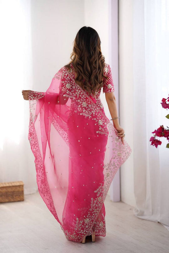 Tanya Pink Organza Silk Floral Embroidered Ready to Wear Saree