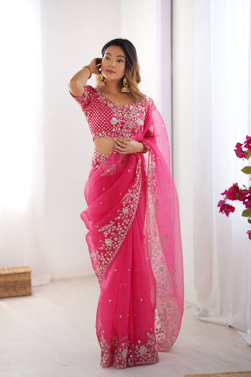 Tanya Pink Organza Silk Floral Embroidered Ready to Wear Saree