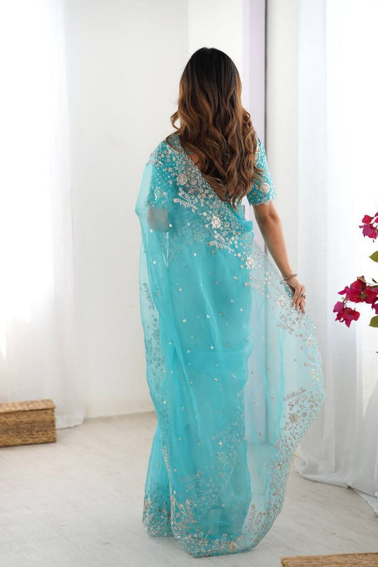 Tanya Light Blue Organza Silk Floral Embroidered Ready to Wear Saree