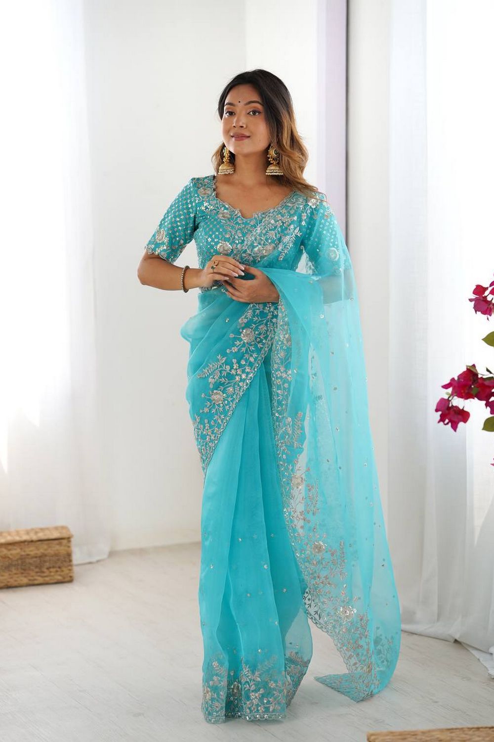 Tanya Light Blue Organza Silk Floral Embroidered Ready to Wear Saree