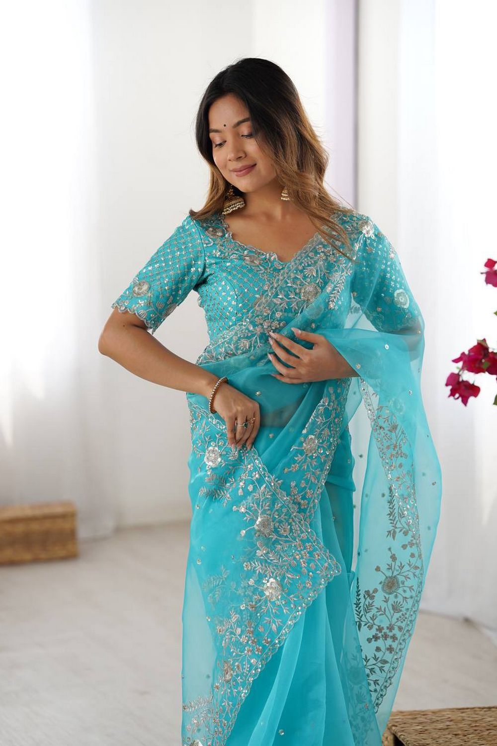 Tanya Light Blue Organza Silk Floral Embroidered Ready to Wear Saree