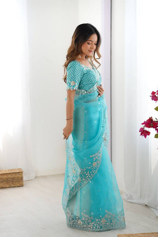 Tanya Light Blue Organza Silk Floral Embroidered Ready to Wear Saree