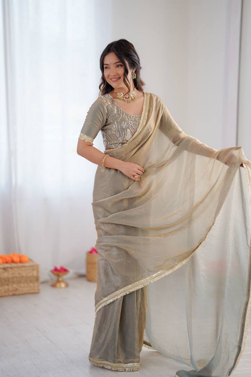 Soni Grey Designer Silk Ready to Wear Saree