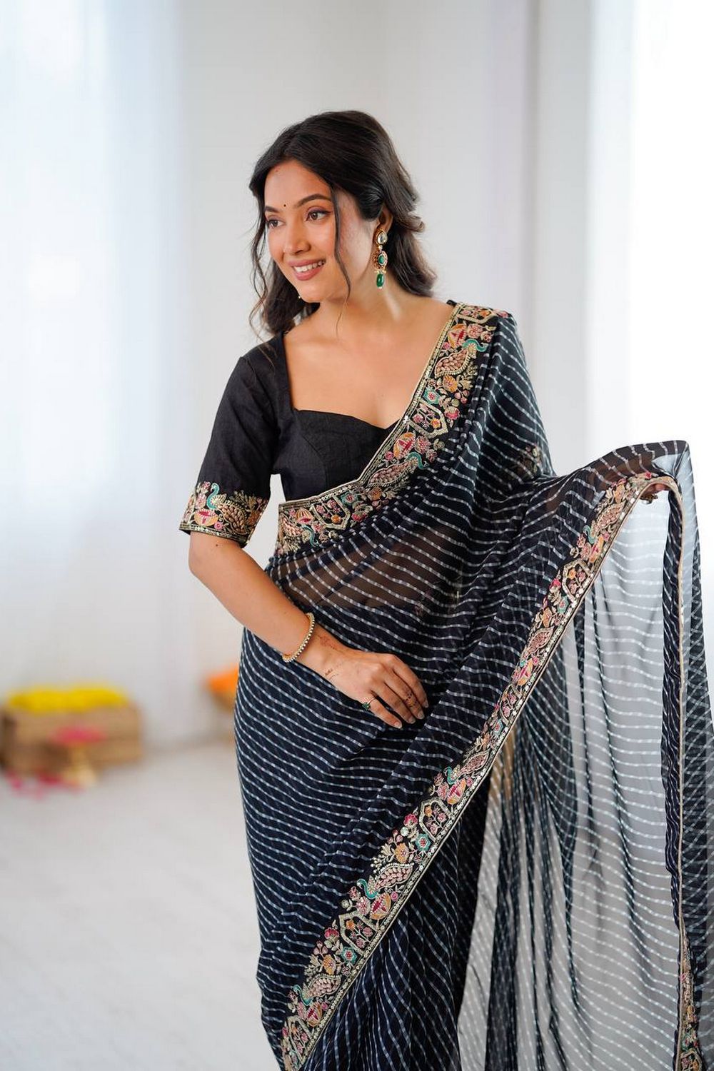 Disha Black Georgette Bandhani Printed Ready to Wear Saree