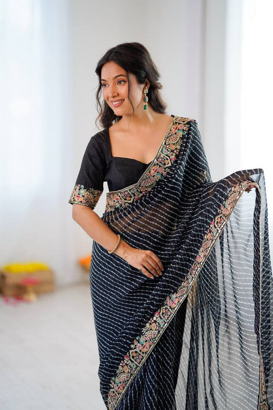 Disha Black Georgette Bandhani Printed Ready to Wear Saree