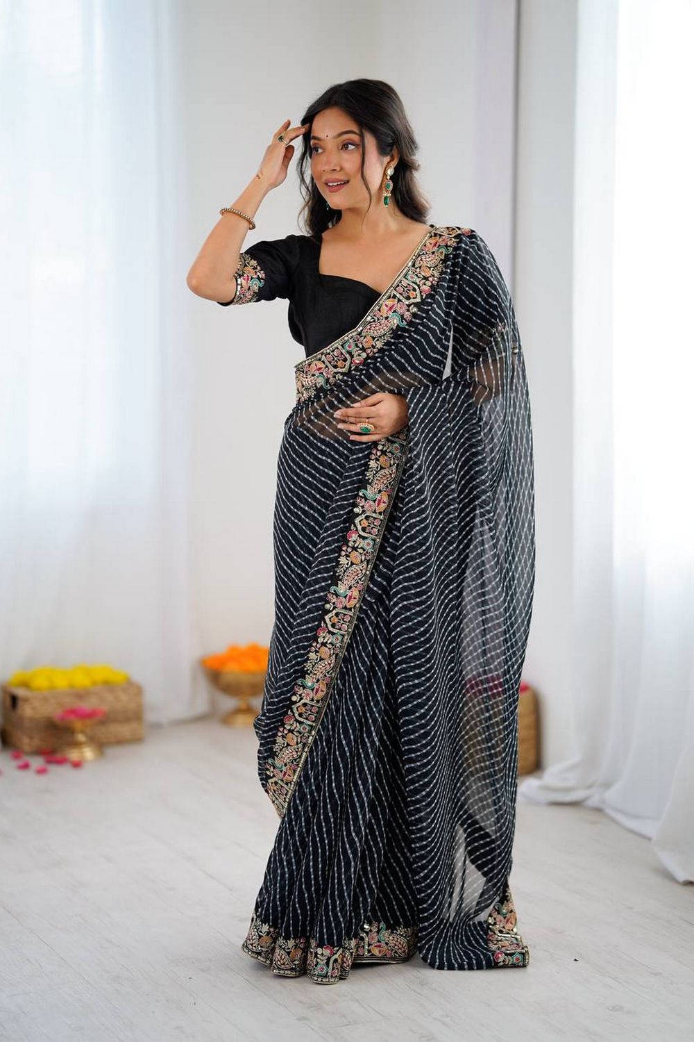 Disha Black Georgette Bandhani Printed Ready to Wear Saree