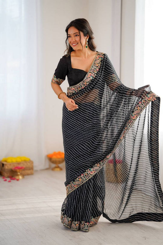 Disha Black Georgette Bandhani Printed Ready to Wear Saree