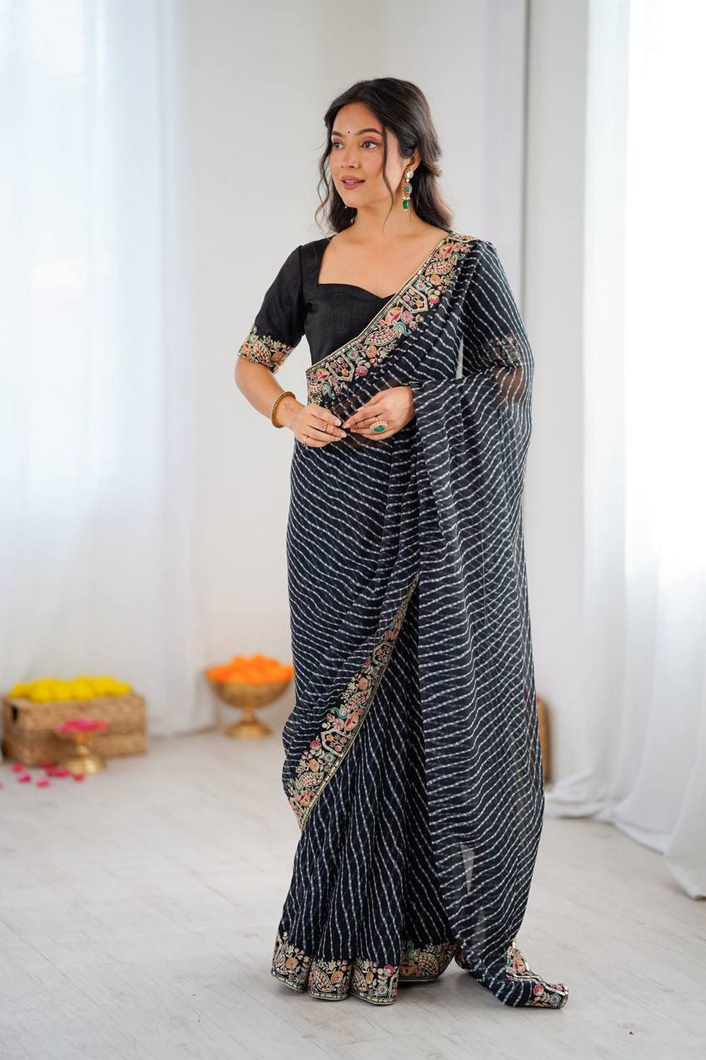 Disha Black Georgette Bandhani Printed Ready to Wear Saree