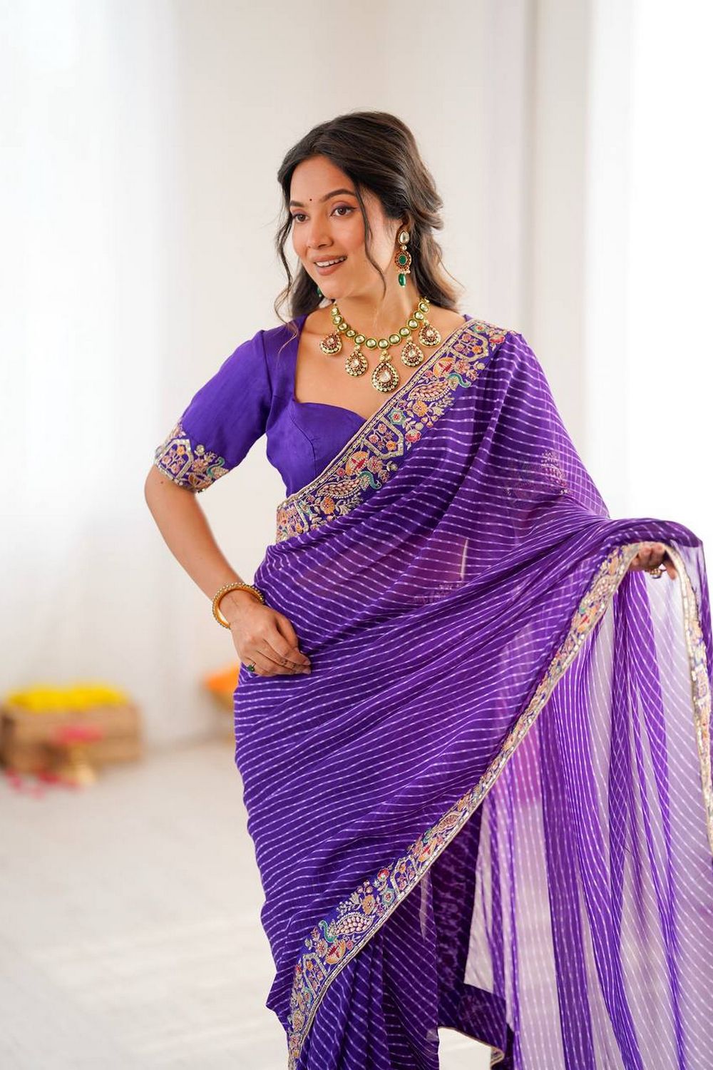 Disha Purple Georgette Bandhani Printed Ready to Wear Saree