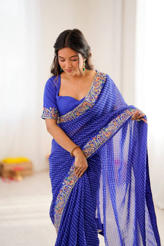 Disha  Blue Georgette Bandhani Printed Ready to Wear Saree