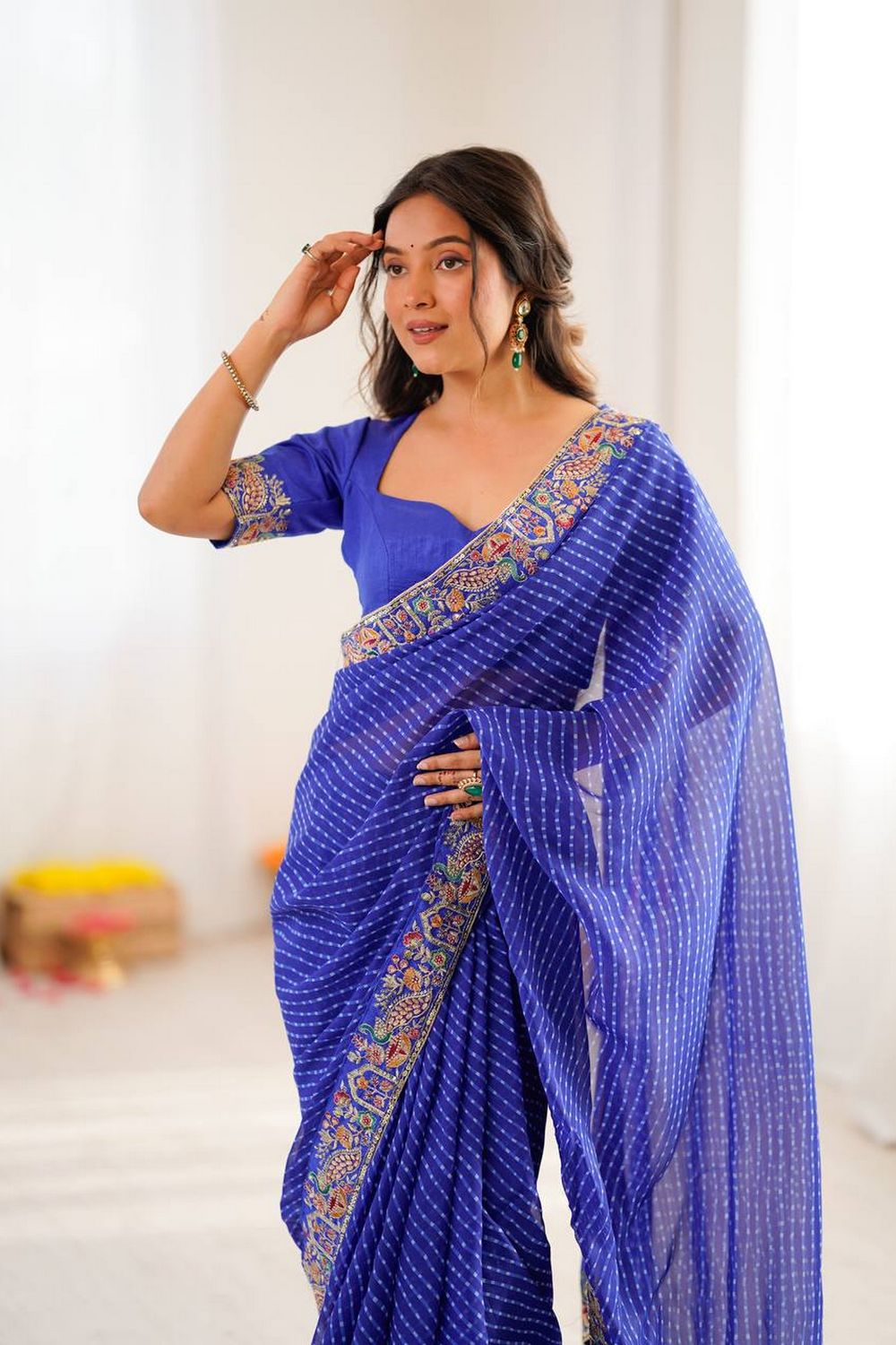 Disha  Blue Georgette Bandhani Printed Ready to Wear Saree