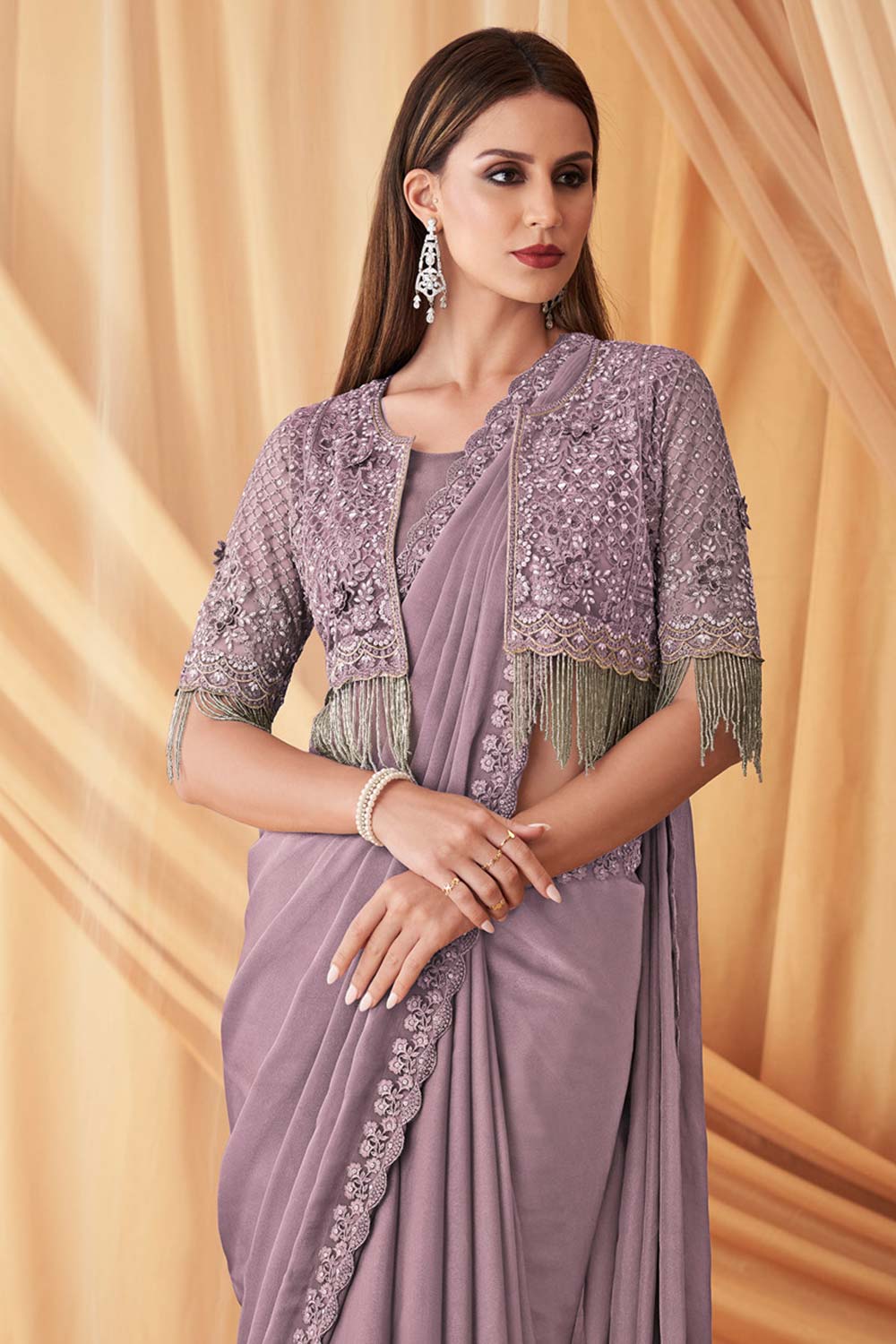 Tina Steel Grey Georgette Embellished Designer One Minute Saree