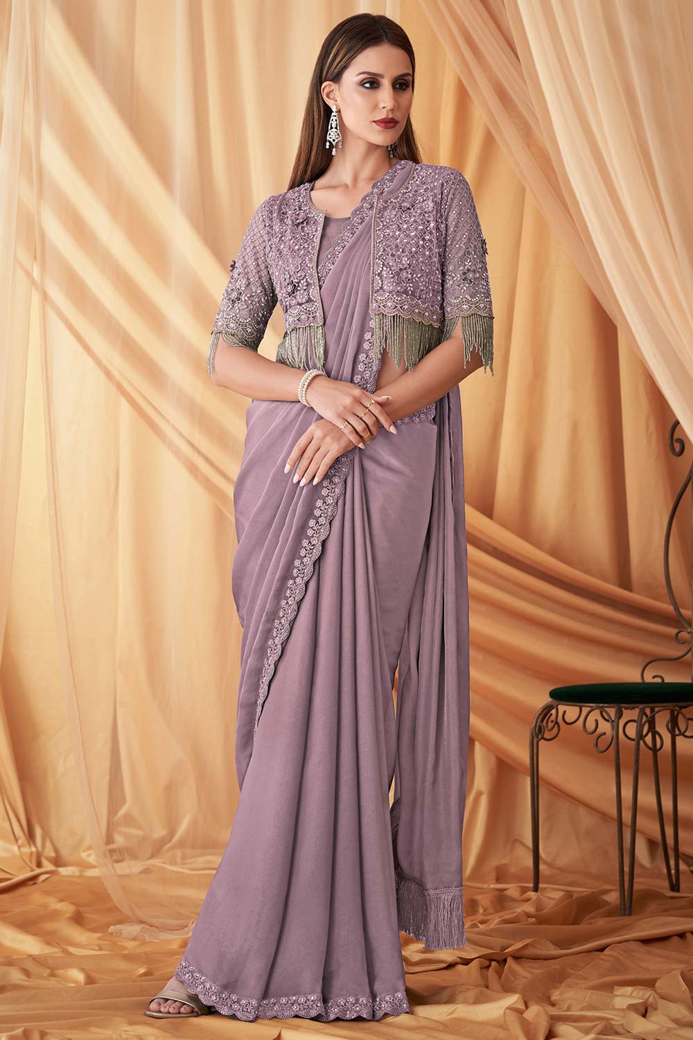 Tina Steel Grey Georgette Embellished Designer One Minute Saree