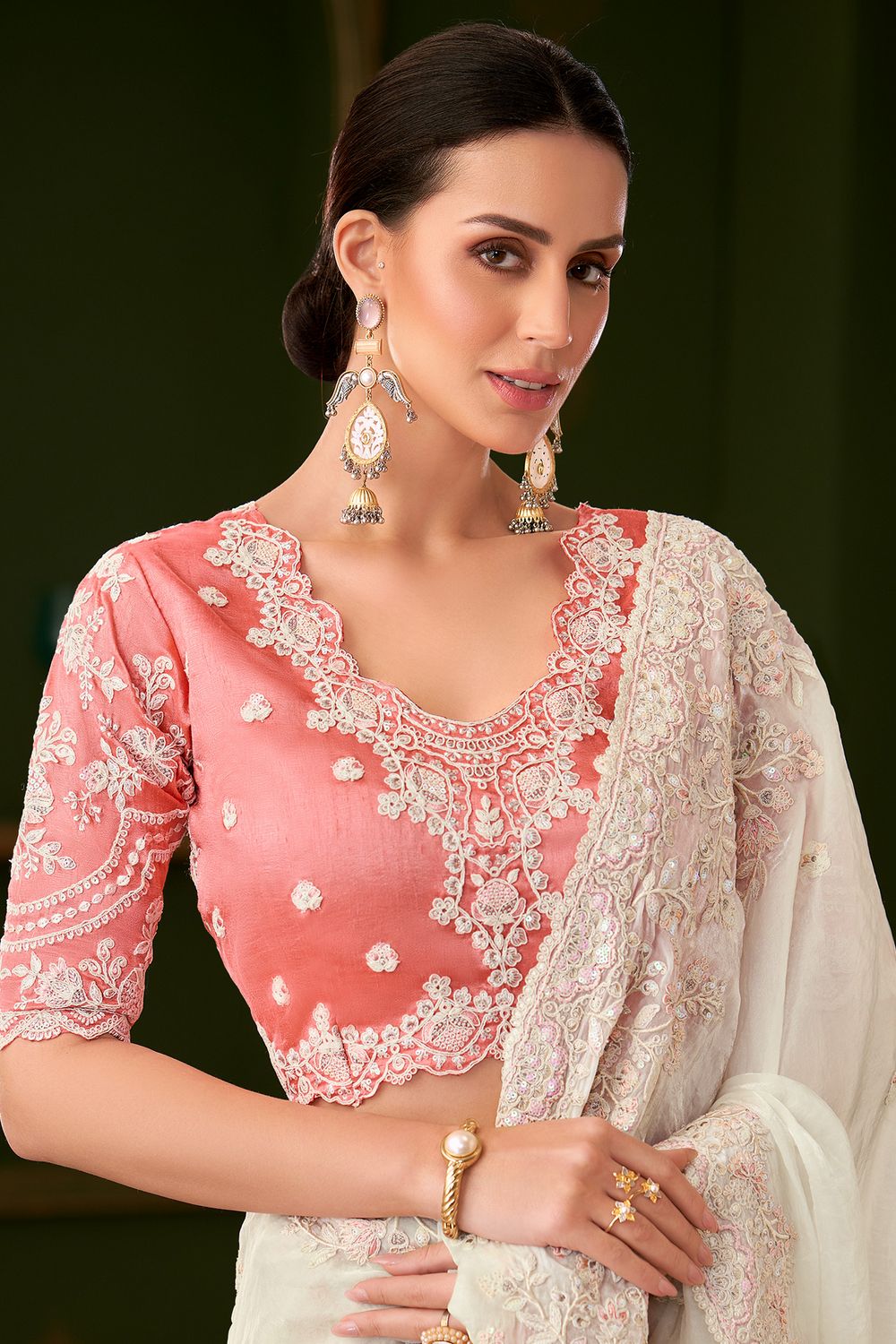 Alisha Cream Satin Embellished Designer Ready to Wear Saree