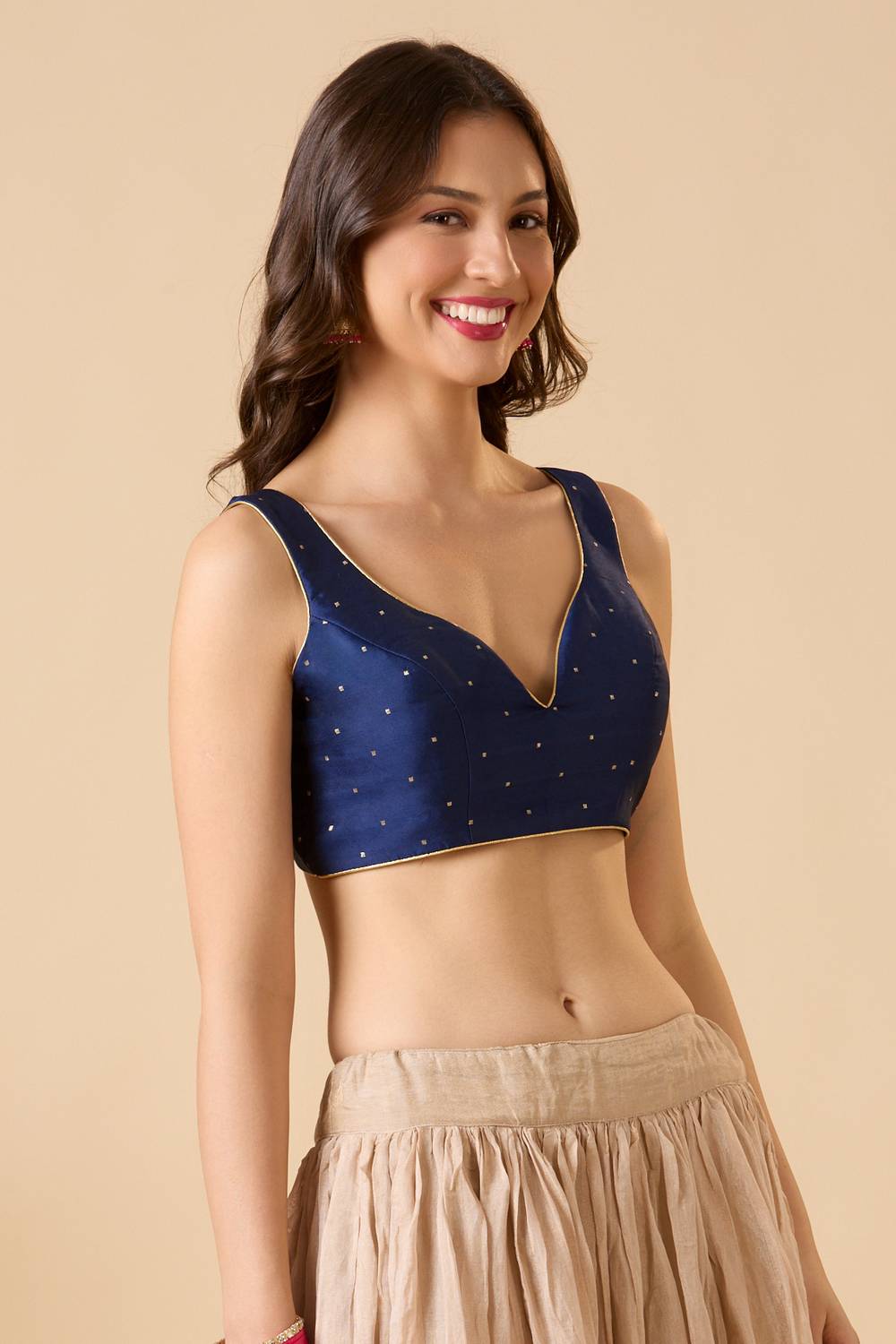 Neve Navy Blue Plunging Sweetheart Neck Silk Blouse