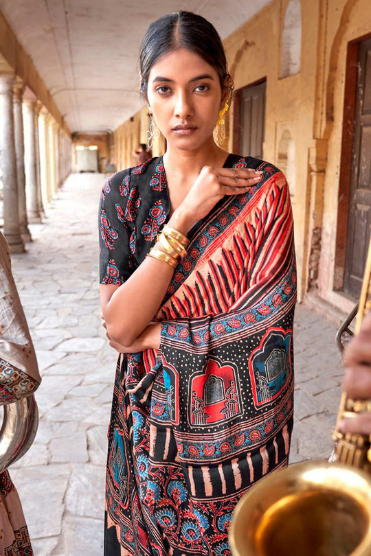 Suri Beige Viscose Silk Ajrakh Ready To Wear One Minute Saree