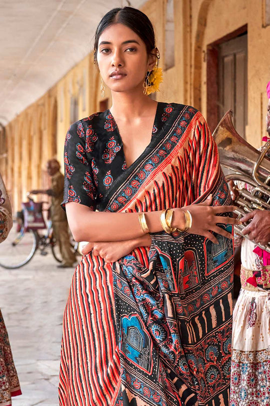 Suri Beige Viscose Silk Ajrakh Ready To Wear One Minute Saree