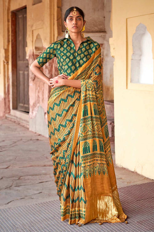Suri Mustard Viscose Silk Ajrakh Ready To Wear One Minute Saree