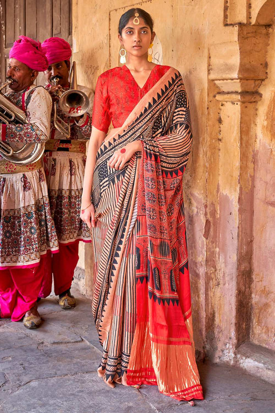 Suri Beige Silk Ajrakh Ready To Wear One Minute Saree