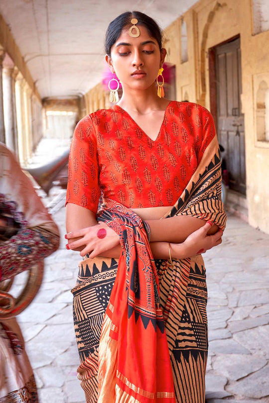 Suri Beige Silk Ajrakh Ready To Wear One Minute Saree