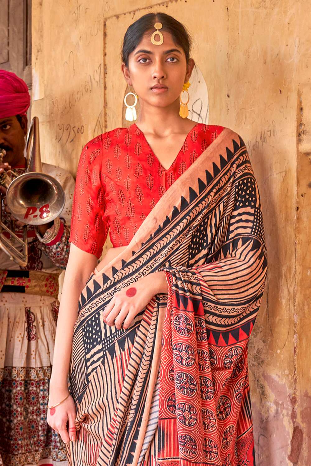 Suri Beige Silk Ajrakh Ready To Wear One Minute Saree