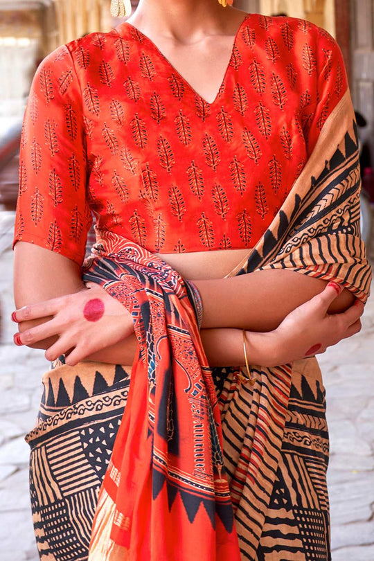 Suri Beige Silk Ajrakh Ready To Wear One Minute Saree