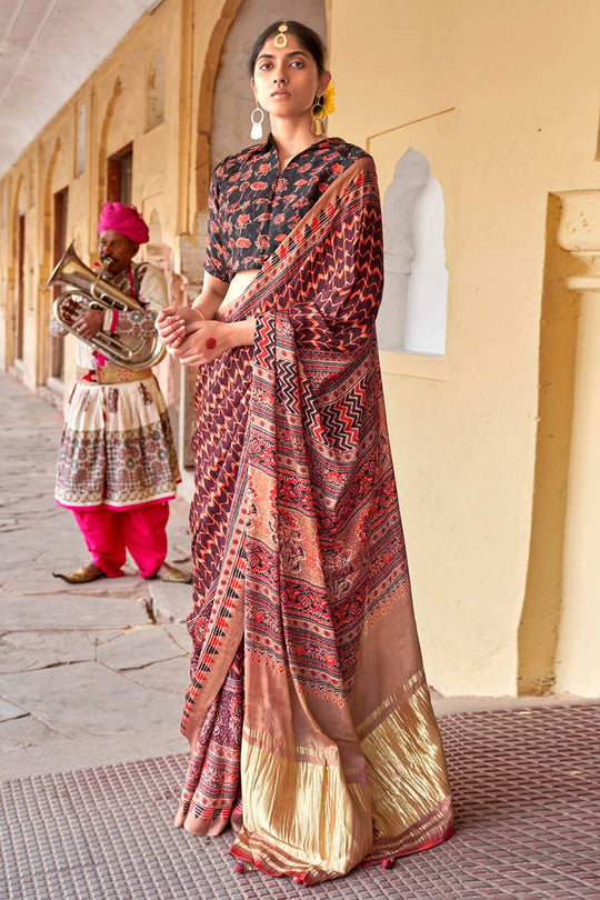 Suri Brown Silk Ajrakh Ready To Wear One Minute Saree