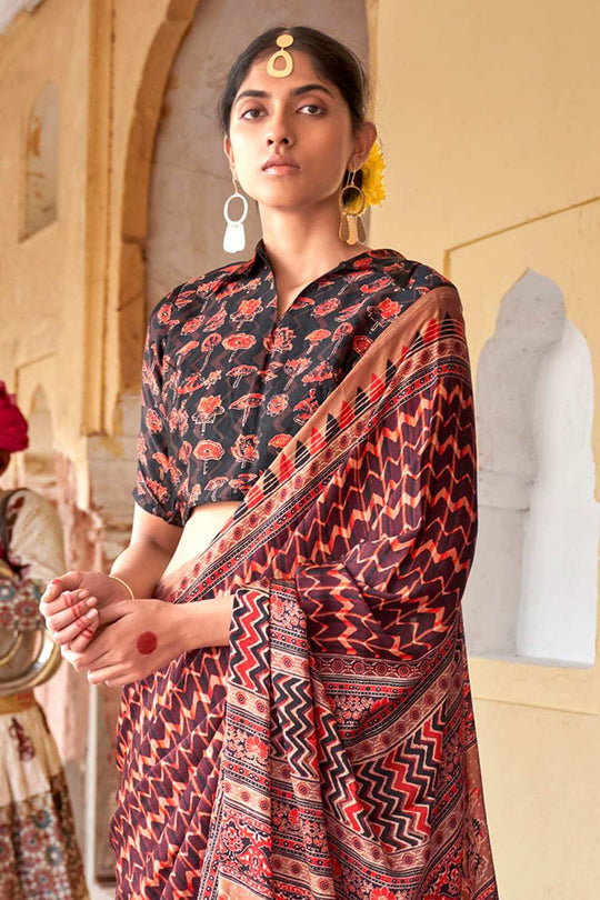 Suri Brown Silk Ajrakh Ready To Wear One Minute Saree