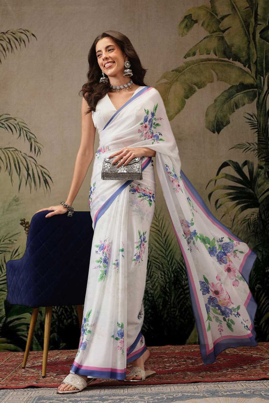 Corrine White Chiffon Floral Digital Printed Ready to Wear One Minute Saree