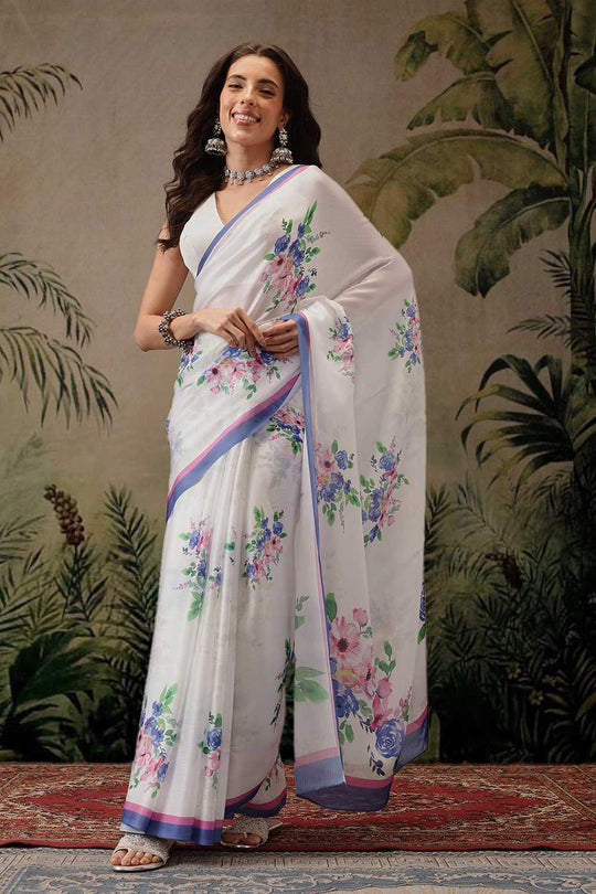 Corrine White Chiffon Floral Digital Printed Ready to Wear One Minute Saree