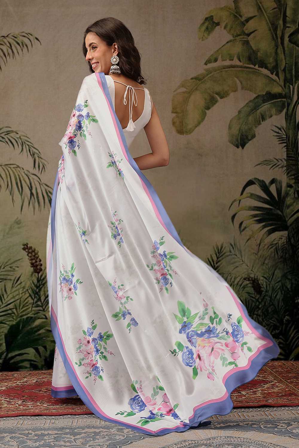 Corrine White Chiffon Floral Digital Printed Ready to Wear One Minute Saree