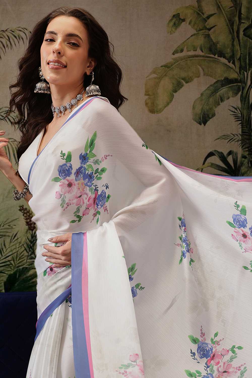 Corrine White Chiffon Floral Digital Printed Ready to Wear One Minute Saree