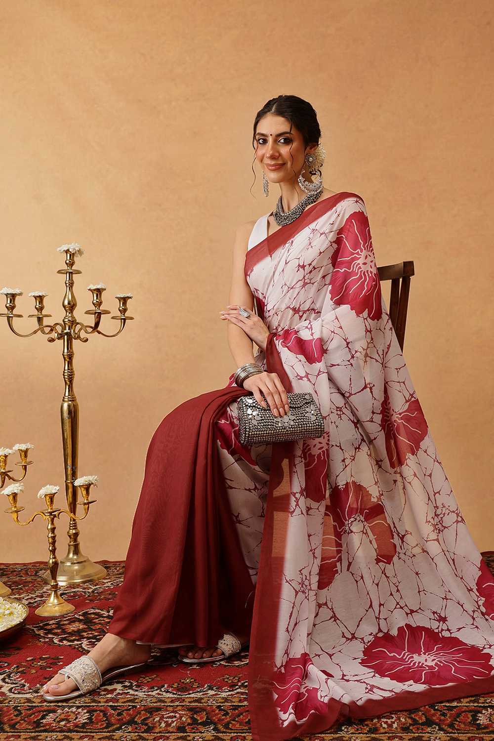 Eva Brown Mul Cotton Floral Digital Printed Ready to Wear One Minute Saree