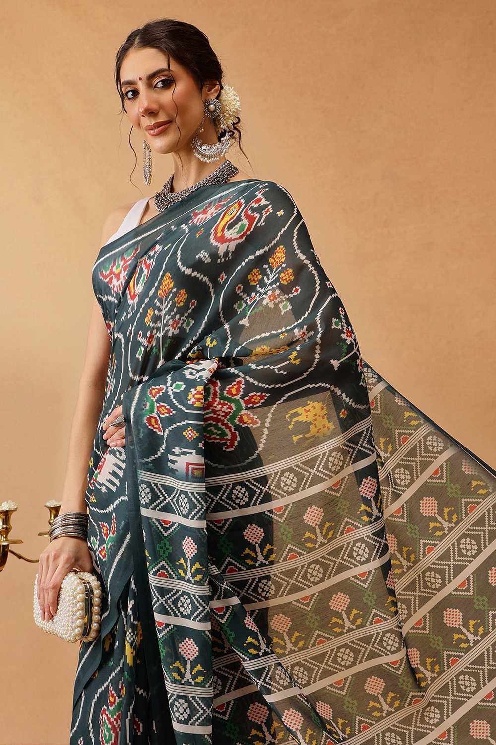 Eva Green Mul Cotton Ikat Digital Printed Ready to Wear One Minute Saree