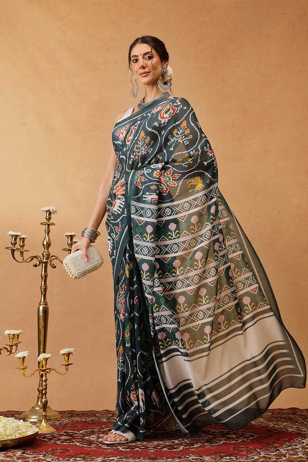 Eva Green Mul Cotton Ikat Digital Printed Ready to Wear One Minute Saree