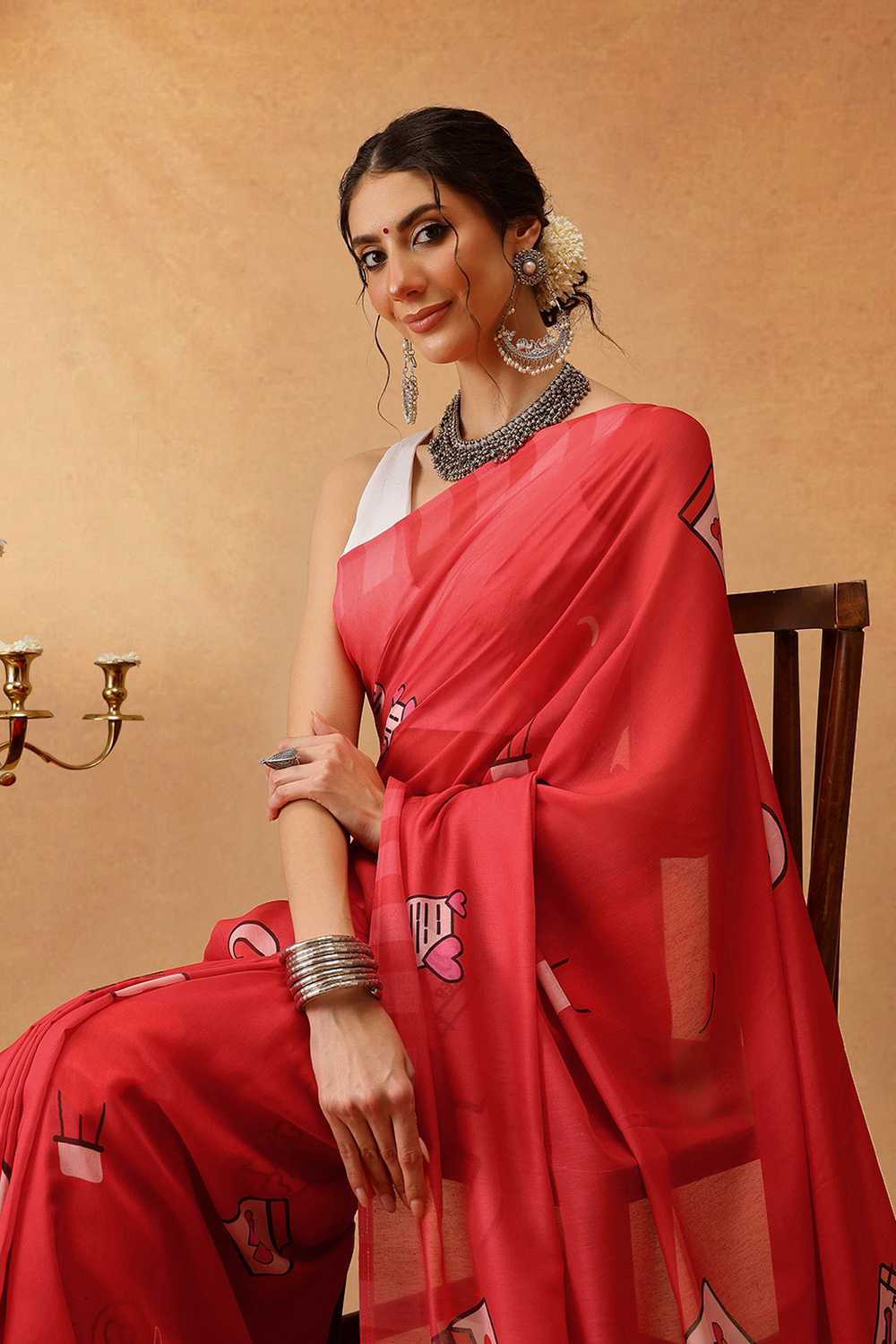 Eva Red Mul Cotton Abstract Digital Printed Ready to Wear One Minute Saree