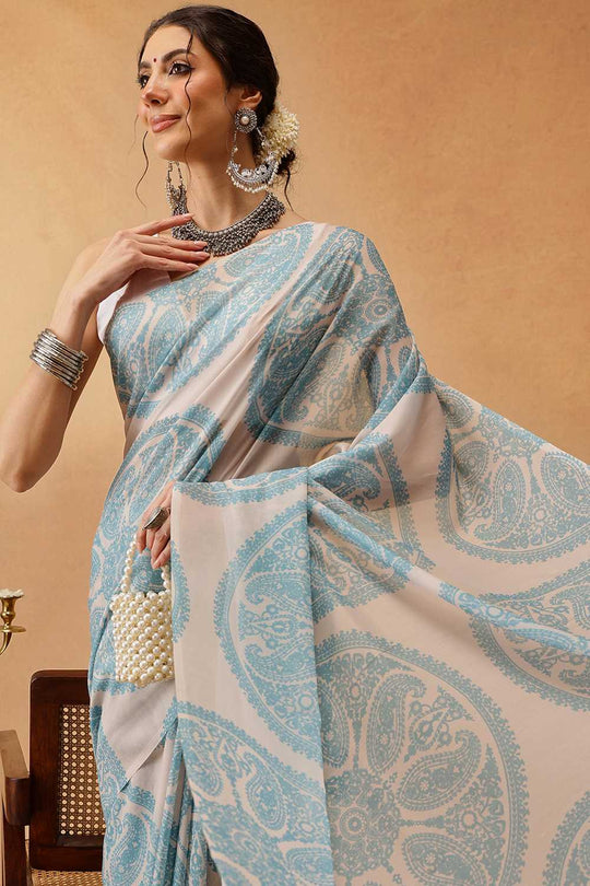 Eva Beige Mul Cotton Paisley Digital Printed Ready to Wear One Minute Saree