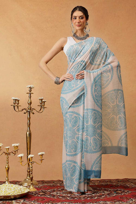 Eva Beige Mul Cotton Paisley Digital Printed Ready to Wear One Minute Saree