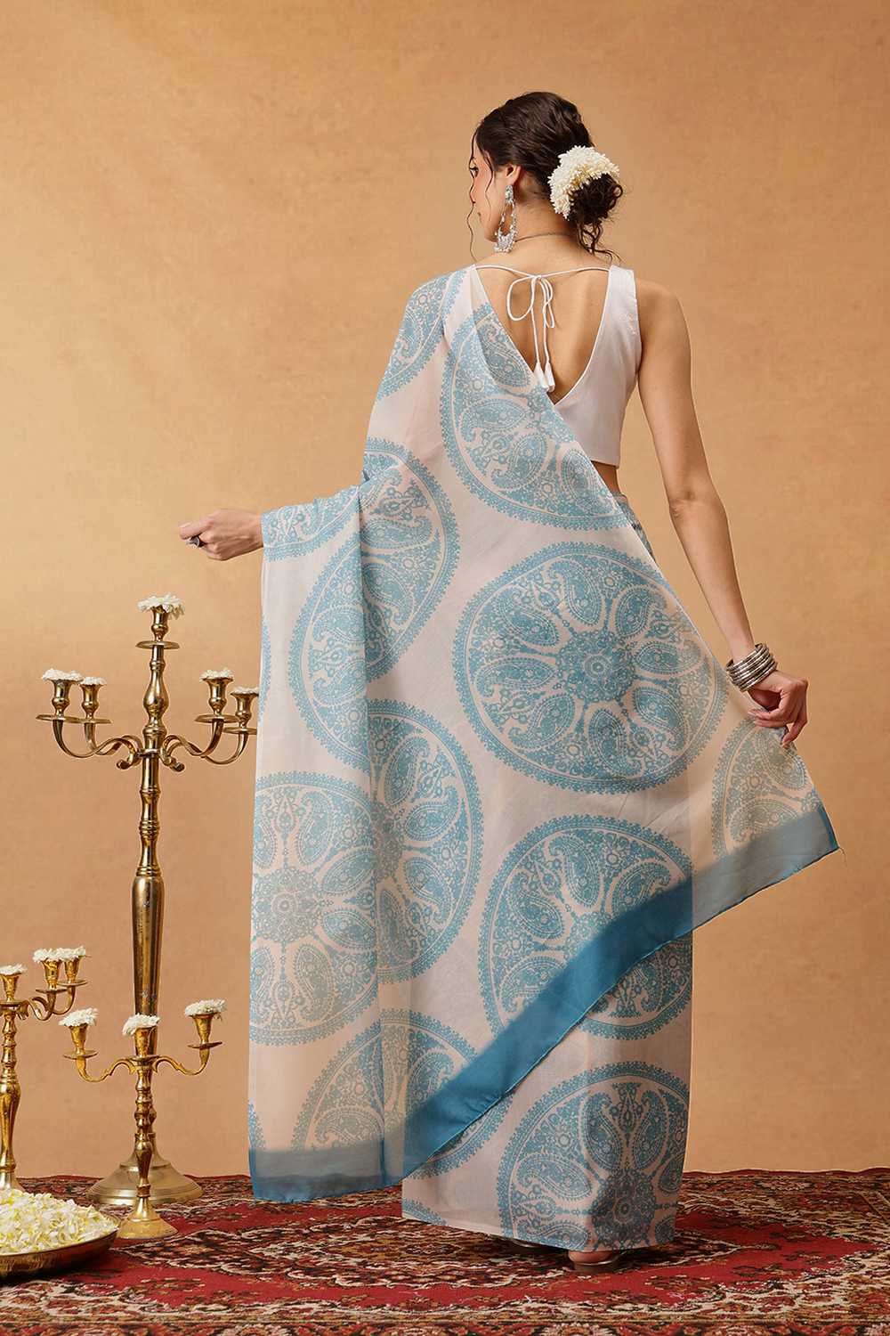 Eva Beige Mul Cotton Paisley Digital Printed Ready to Wear One Minute Saree