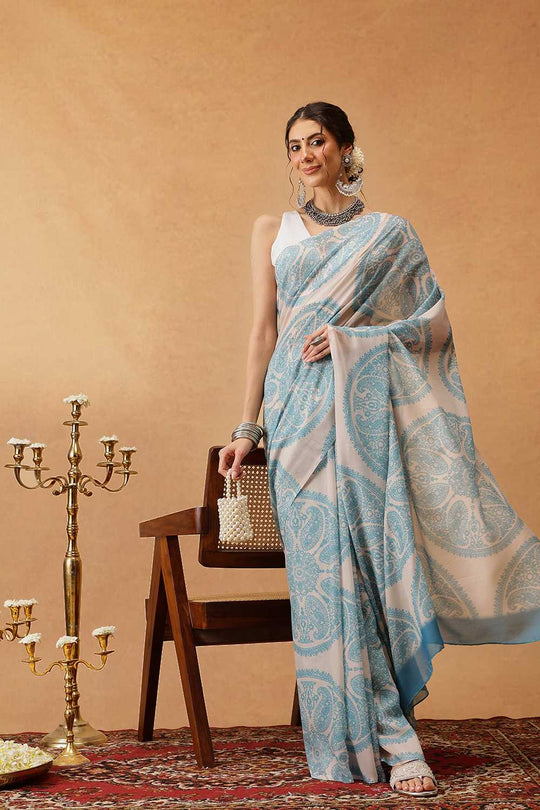 Eva Beige Mul Cotton Paisley Digital Printed Ready to Wear One Minute Saree