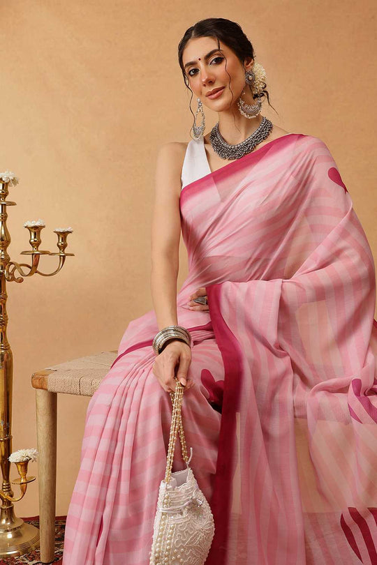 Eva Pink Mul Cotton Striped Digital Printed Ready to Wear One Minute Saree