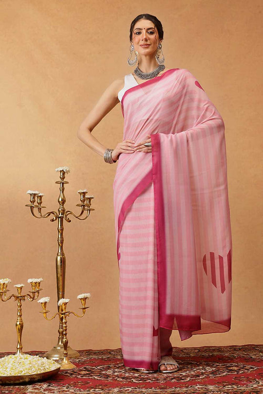 Eva Pink Mul Cotton Striped Digital Printed Ready to Wear One Minute Saree