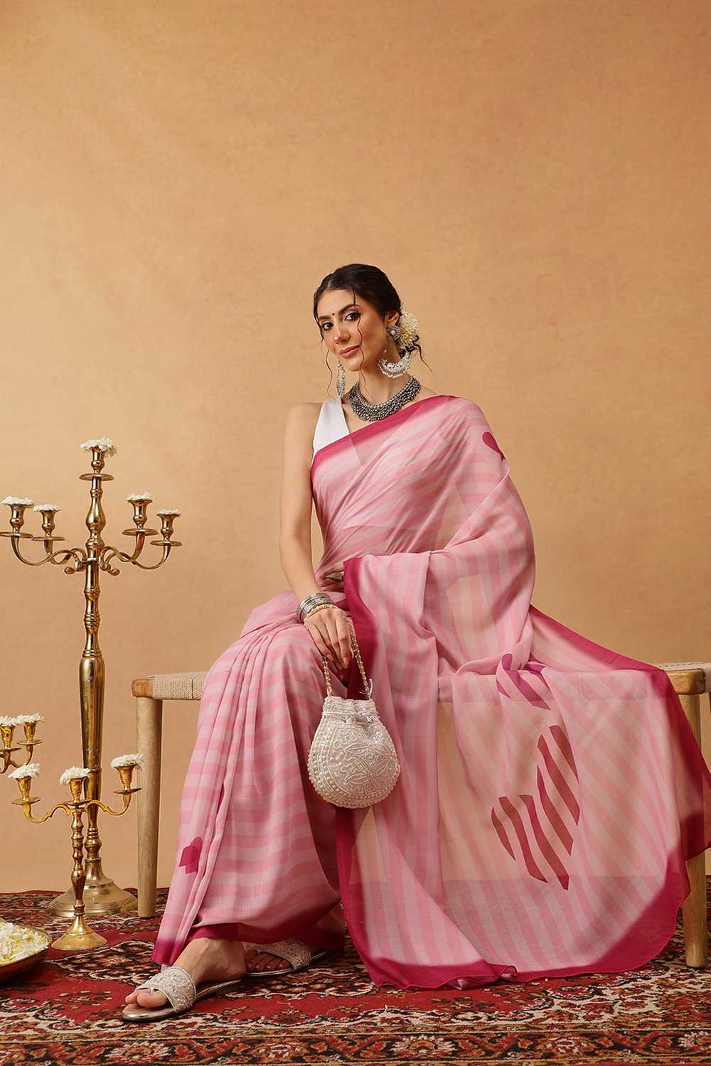 Eva Pink Mul Cotton Striped Digital Printed Ready to Wear One Minute Saree