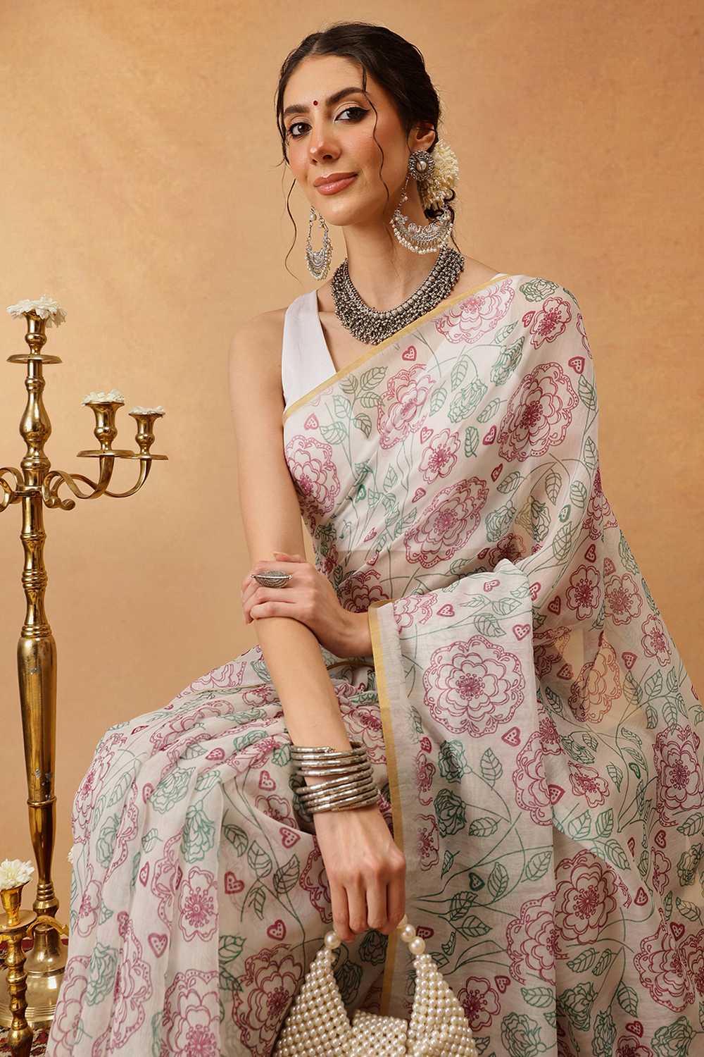 Zora Off White Cotton Blend Floral Digital Printed Ready to Wear One Minute Saree