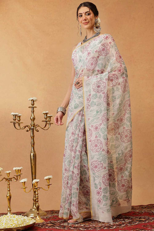 Zora Off White Cotton Blend Floral Digital Printed Ready to Wear One Minute Saree