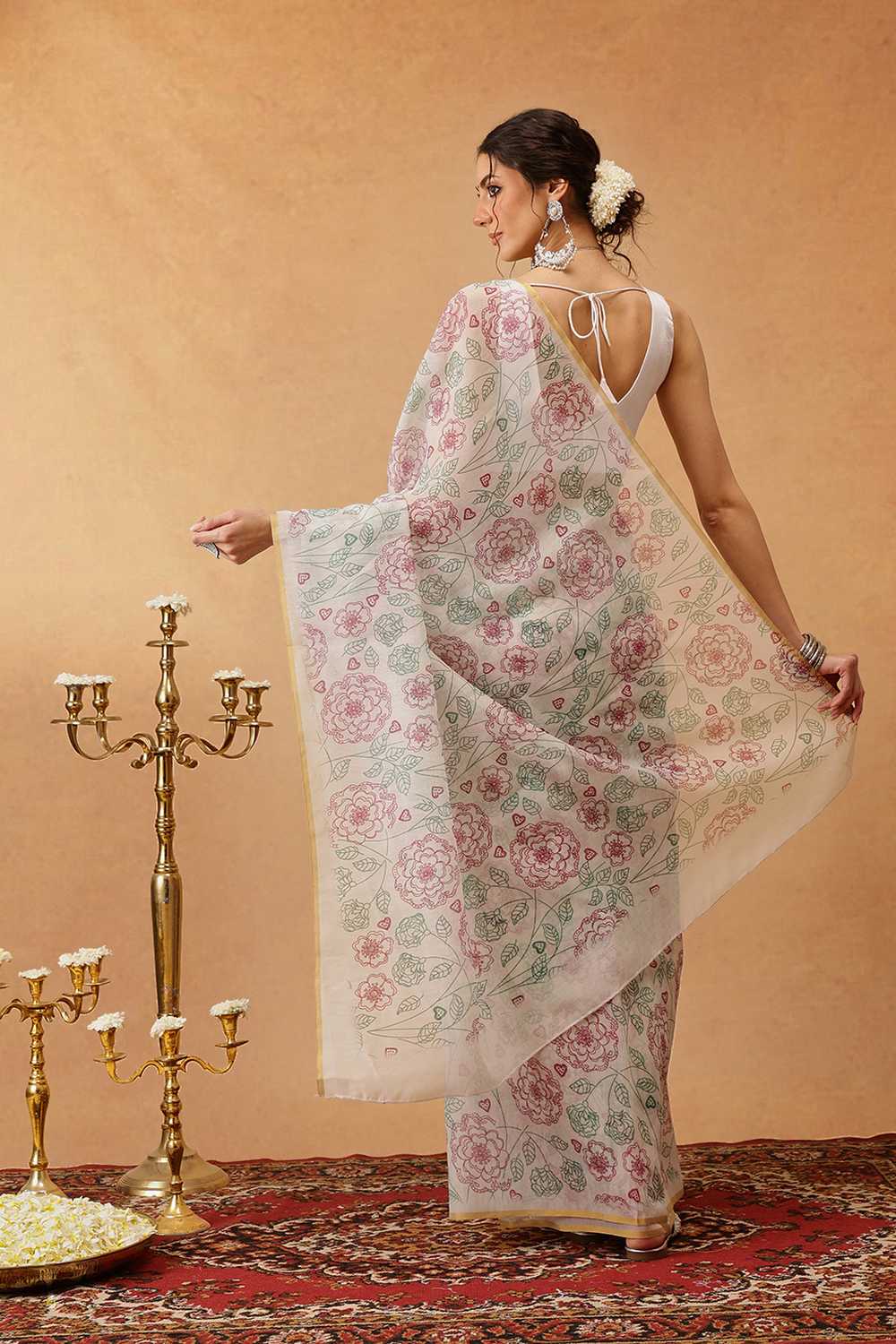 Zora Off White Cotton Blend Floral Digital Printed Ready to Wear One Minute Saree