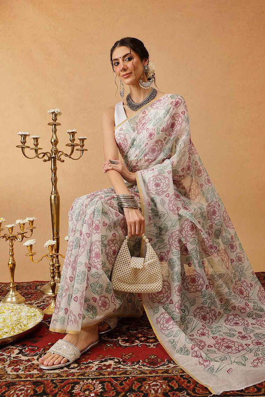 Zora Off White Cotton Blend Floral Digital Printed Ready to Wear One Minute Saree