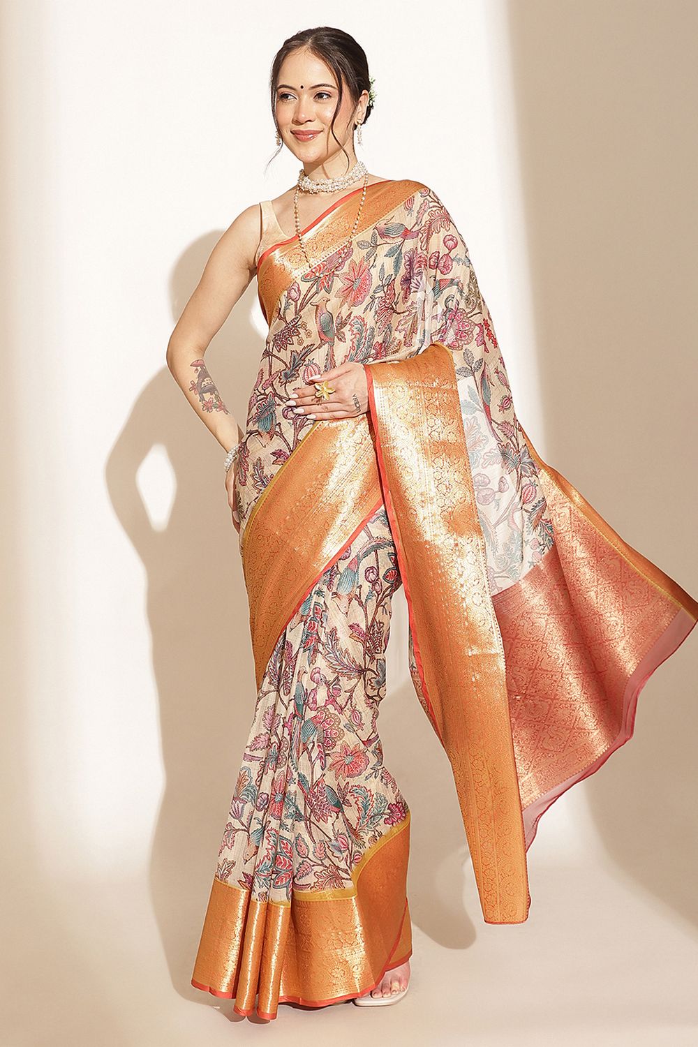 Trina Beige Soft Silk Kalamkari Printed Ready to Wear Saree