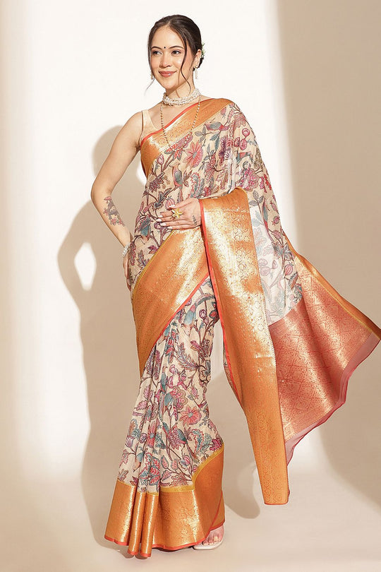 Trina Beige Soft Silk Kalamkari Printed Ready to Wear Saree